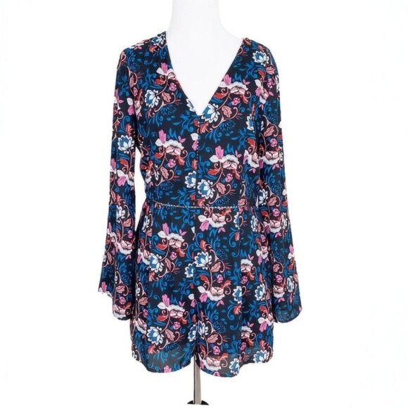 Timing Pants - v neck floral romper long bell sleeves peek a boo lace detail boho size large